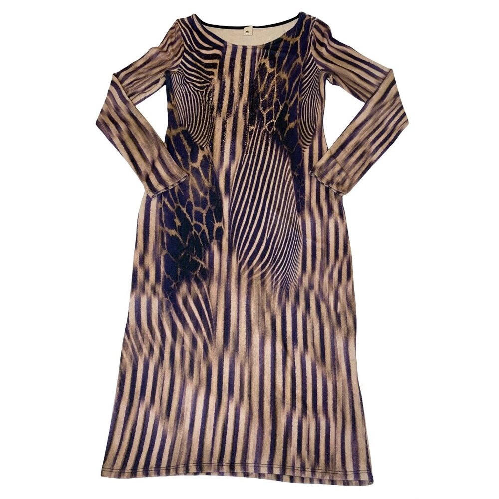 Stylish Womens Animal Print Dress Brown & Purple Long Sleeve S-12 Polyester/Span